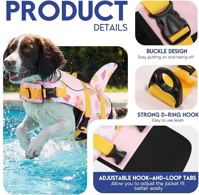 ASENKU Dog Life Jacket - Pet Safety Vest for Swimming & Boating, Shark Life Jacket with Floatation, Dog Lifesavers Swimsuits for Small Medium Large Dogs (Summerpink, S)