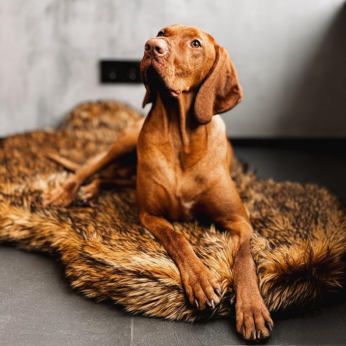 Faux Fur Orthopedic Dog Bed, Memory Foam, Brown 50"x30" | Plush Washable Dog Rug with Waterproof Machine Washable Cover, Calming for Anxious Senior Dogs, Relieves Joints