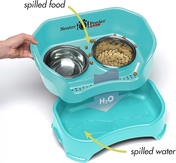 Neater Feeder Deluxe Mess-Proof Elevated Cat Bowls, 2 Height Adjustable (6” & 7.5”) No-Spill Raised Cat Bowl Stand, Whisker Friendly Stainless Steel Dishes for Indoor Cats, Made in USA, Aquamarine