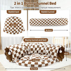 BWOGUE Bunny Tunnel Bed, Brown Plaid 2-in-1 Rabbit Tunnel Hideout with Mat | Removable Mat for Washing, Ball Toy for Play, Tunnel Tubes for Hiding, Soft Suede Fabric, Cats Rabbits Guinea Pigs
