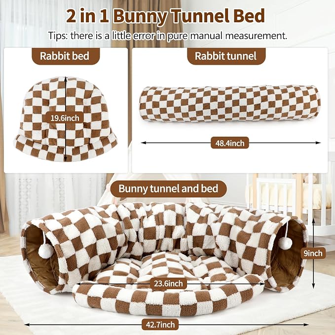 BWOGUE Bunny Tunnel Bed, Brown Plaid 2-in-1 Rabbit Tunnel Hideout with Mat | Removable Mat for Washing, Ball Toy for Play, Tunnel Tubes for Hiding, Soft Suede Fabric, Cats Rabbits Guinea Pigs