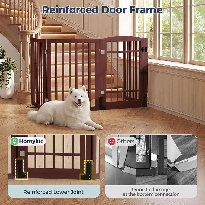 Homykic Dog Gate Indoor, 94.5" W x 30" H Extra Wide Foldable Bamboo Pet Gate with Door, No Assembly Freestanding Dog Fence with 2 Support Feet & 360°Hinges for Doorways Hallways (Espresso, 4 Panels)