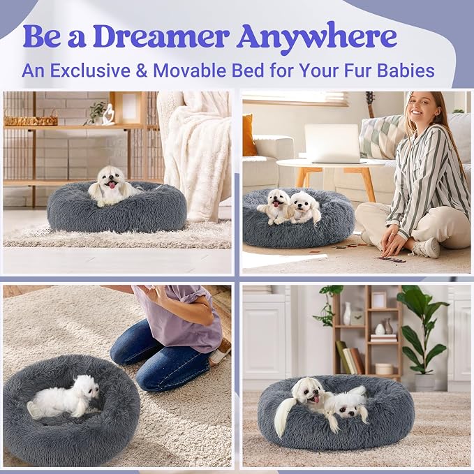 rabbitgoo Calming Cat Beds for Indoor Cats, 23 inches, Dark Grey | Soft Warm Donut, Fluffy Faux Fur, Supportive Raised Rim, Anti-slip, Machine Washable, Up to 25lbs Cats & Small Dogs