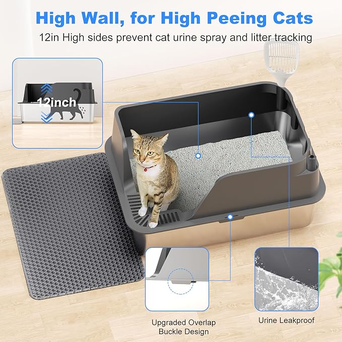 Non-Stick Stainless Steel Litter Box, XL Side Open Splash-Proof&Leak-Proof | Seamless Seal, Ellenpent Large Capacity, Cat Litter Box with Lid for Multi-Cats, Large Cats, Easy-Clean & Durable (Gray)