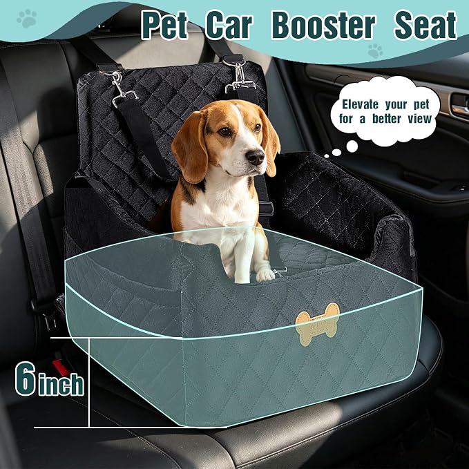 Dog Car Seat for Small Dogs, Dog Booster Seat Filling in Thick Memory Foam with 2 Safety Leashes and Storage Pocket, Suitable for Pet Under 30lb or 2 Puppies (Black)