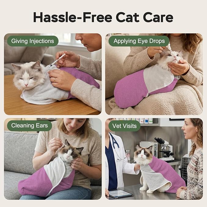 Cat Wrap for Cutting Nails, Self-Adhesive Cat Nail Clipping Restraint Bag, Anti-Scratch Cat Grooming Swaddle for Meds, SubQ Fluids, Ear Cleaning, Teeth Brushing & Vet Visits,Pinkish Purple,L