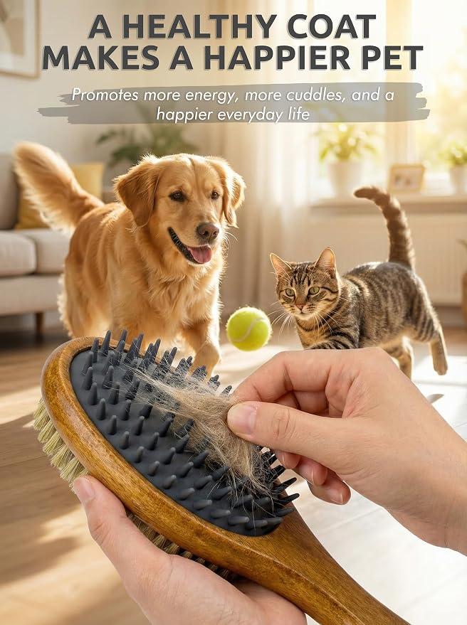 TAKAVU Short Hair Dog & Cat Deshedding Brush, Double-Sided Silicone Bristle | Grooming Brush for Pets, Gentle on Sensitive Skin, Wooden Handle, Reduces Shedding