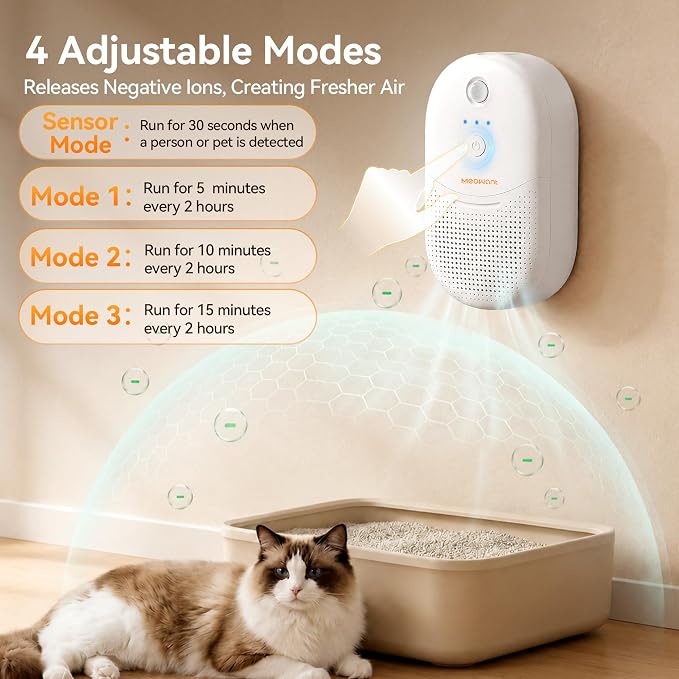 Meowant Cat Litter Odor Deodorizer, Negative Ion Air Purifier with Odor Deodorant Gel, 3 Auto Modes Pet Odor Eliminator with Sensor Monitor, Rechargeable Wireless Odor Remover for Multi-Pet 2pcs