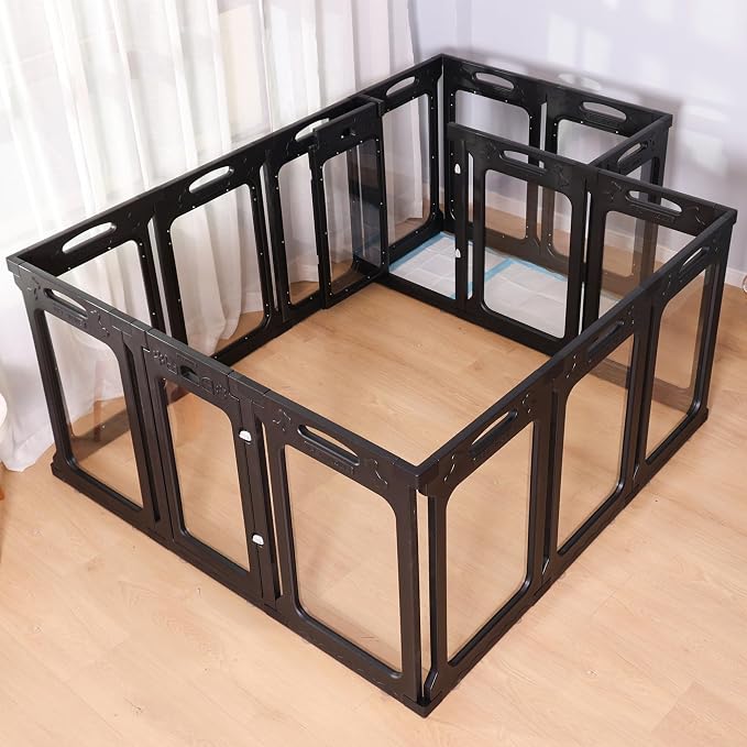 Clear Dog Playpen Extension Panel Set with 1 Door & 1 Side Panel, Height 30 inch, Black