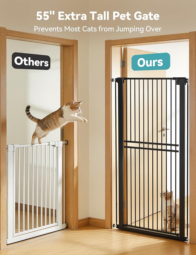 No Pawblems 55" Extra Tall Pet Gate, 31.5"-48" Wide Tall Dog Gate, Black | No Drilling Pressure Mounted, 1.37" Bar Spacing, 25.6" Walk-Thru Opening, Auto Close, One-Hand Operation, Dual Lock Design