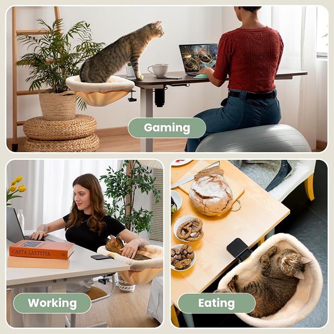 JUNSPOW Cat Desk Bed One-Click Folding Maximum Holds 40lb, Cream Fur | Sunken Design & Space-Saving Semi-Circular Cat Bed, Soft Faux Rabbit Fur Material, Suitable for Various Desktops