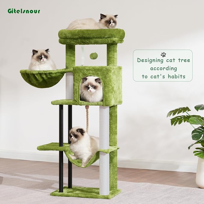 Gitelsnour Cat Tree, 43.3'' Cat Tower with Hammock for Kittens GCT004SGR | Cat Condo House for Small Indoor Cats, Basket, Scratching Post, Large Platform, Sturdy Steel Tube, Sisal Rope, Green