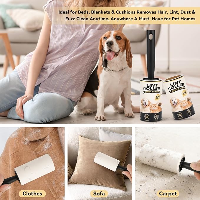 Extra Sticky Lint Roller Refills for Pet Hair Removal, 10 Rolls | No handle included. 10 rolls, 120 easy-tear sheets each, 1,200 total for dog and cat hair on clothes and furniture.