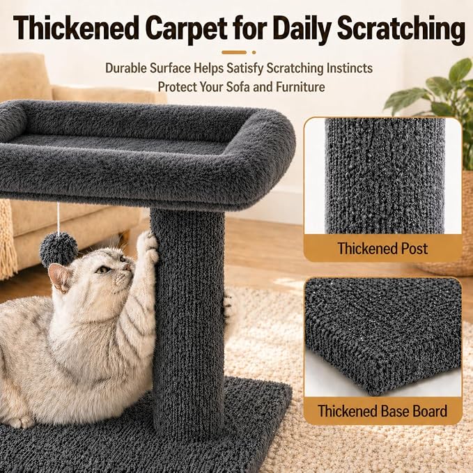 Small Cat Tree with Large Top Perch for Indoor Cats, Grey | Carpeted Scratching Post | Soft Plush Bed | Furniture Protecter | Small Cat Tower | Replacement Toy Balls | Space-Saving