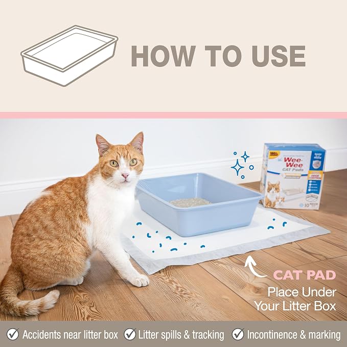 Four Paws Wee-Wee Cat Pads, Unscented, 10 Count | Disposable litter box mats, great for under litter boxes, advanced odor control, fast absorption, litter tracking, 28" x 30"