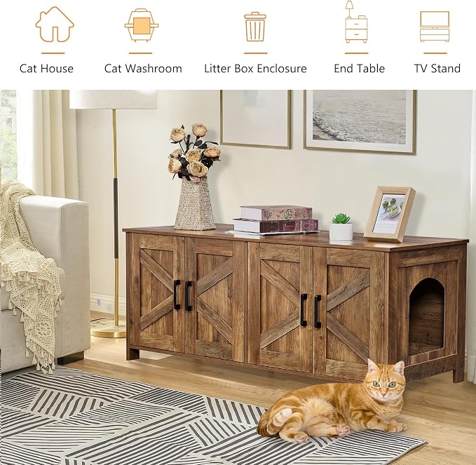 Homhedy 47.2”L Cat Litter Box Enclosure for 2 Cats, Rustic Walnut | Wooden Litter Box Furniture Hidden with Double Room, Cat Washroom, Cat House, Dog-Proof, TV Stand,Farmhouse Style