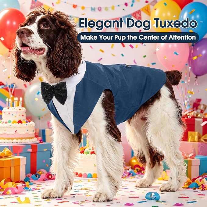 Kuoser Dog Tuxedo, Dog Suit and Bandana Set, Dogs Costume with D-Ring | Formal Dog Outfit with Detachable Bowtie Collar for Wedding, Birthday, Party, Christmas, Halloween, Royal Blue 2XL