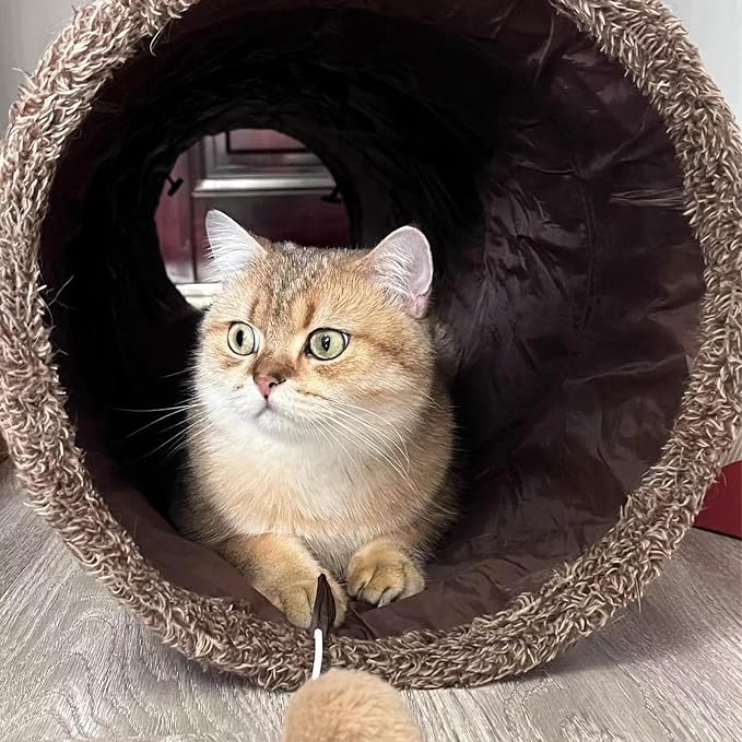 51"x 12" Collasiple Cat Play Tunnel, Cats Tubes and Tunnels, Cat Foldable Hide and Seek Tunnel Toy, Brown Suede Pet Tube Toy for Rabbits, Ferrets, Puppy, Diameter 12 Inch