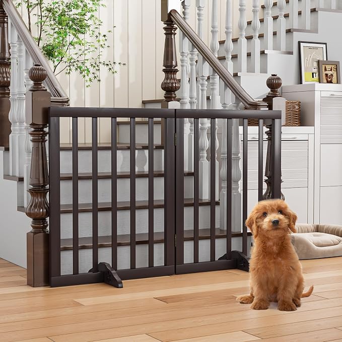 Freestanding Foldable Dog Gate 2 Panel,Fully Assembled Dog Gates for Doorways, Wooden Pet Gates for The House, 24-inch Tall Pet Gate Indoor