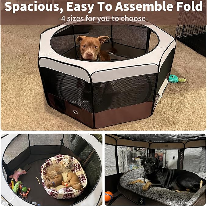 DONORO Dog Playpen 46" Portable Pet Play Pens for Small Medium Dogs, Foldable Exercise Kennel Tent Crate Indoor/Outdoor Travel Camping, Removable Top/Bottom (Brown, Large (46"x46"x23"), 8)