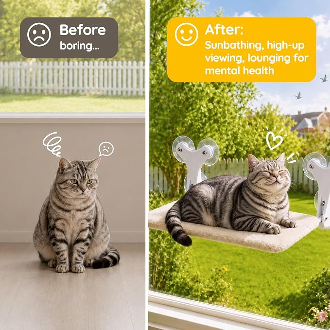 Aysoner Suction Cat Window Perch: 6 Suction Cups Sturdy Hold Up to 45lbs | 1-Second Stick on Glass & No-Drill - Heavy Duty Indoor Hammock Seat for Chunky Cats Safety to Sunbathe & View