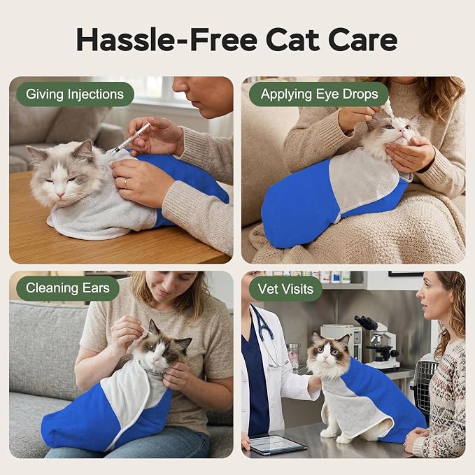 Cat Wrap for Cutting Nails, Self-Adhesive Cat Nail Clipping Restraint Bag, Anti-Scratch Cat Grooming Wrap Swaddle for Meds, SubQ Fluids, Ear Cleaning, Teeth Brushing & Vet Visits,Blue,L