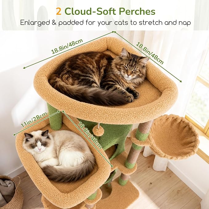 Globlazer Extra Large Heavy Duty Cactus Cat Tree, 80in Sturdy Cat Tree Tower for Multiple Indoor Cats Large Adult with Scratching Posts, 2 Spacious Condos with Padding, 2 Soft Perches, S80C, Green