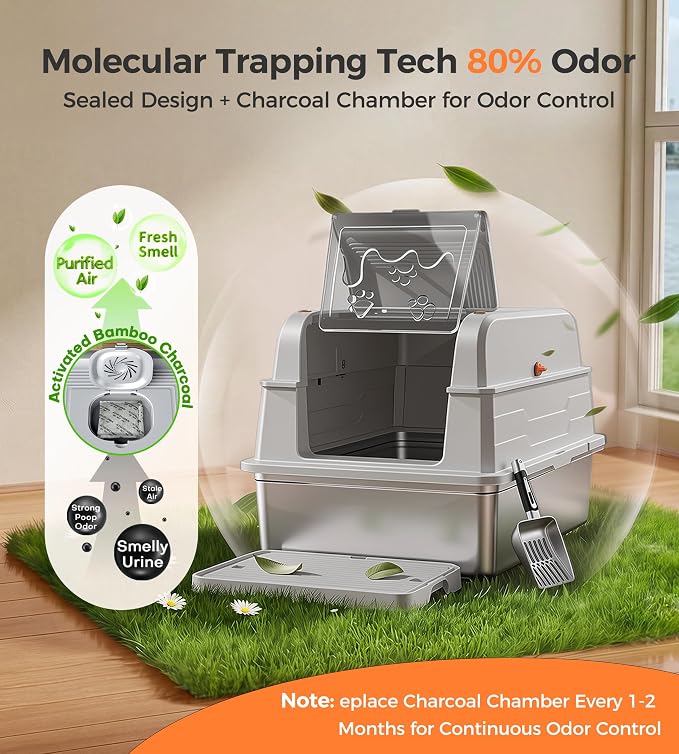 CATLIKE 2026 Upgrade 152L XXXL Stainless Steel Cat Litter Box - 3-Layer Urine Leak-Proof, Enclosed Design w/Charcoal Filter for Maine Coon & Multi-Cat Homes, Includes Metal Scoop & Mat