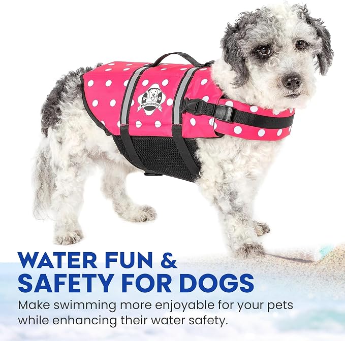 Dog Life Jacket - Swimming Vest for Dogs, Adjustable, Reflective, Comfortable, Multiple Colors, Patterns, XX-Small to Extra Large Dog Swim Vest with Handle (Pink Polka Dot, X-Small)