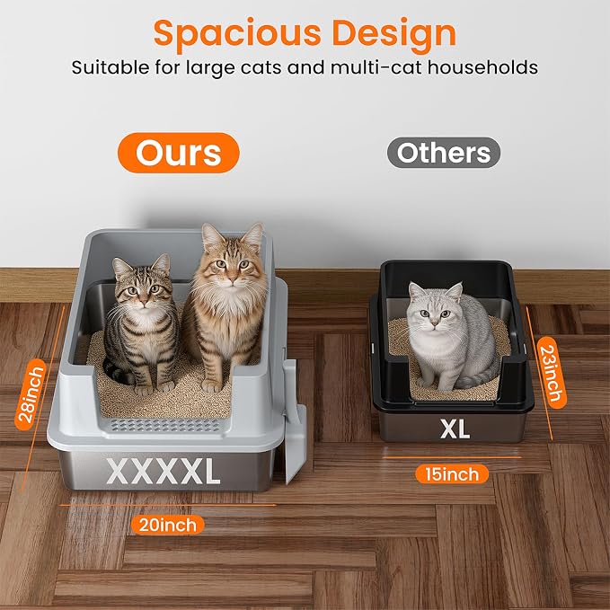 XXXXL Stainless Steel Litter Box with Lid,28.0" L × 20" W × 17" H Extra Large High Sided Cat Litter Box for Multi -Cats,Enclosed Metal Litter Box with Cat Scratcher and Scoop,Grey