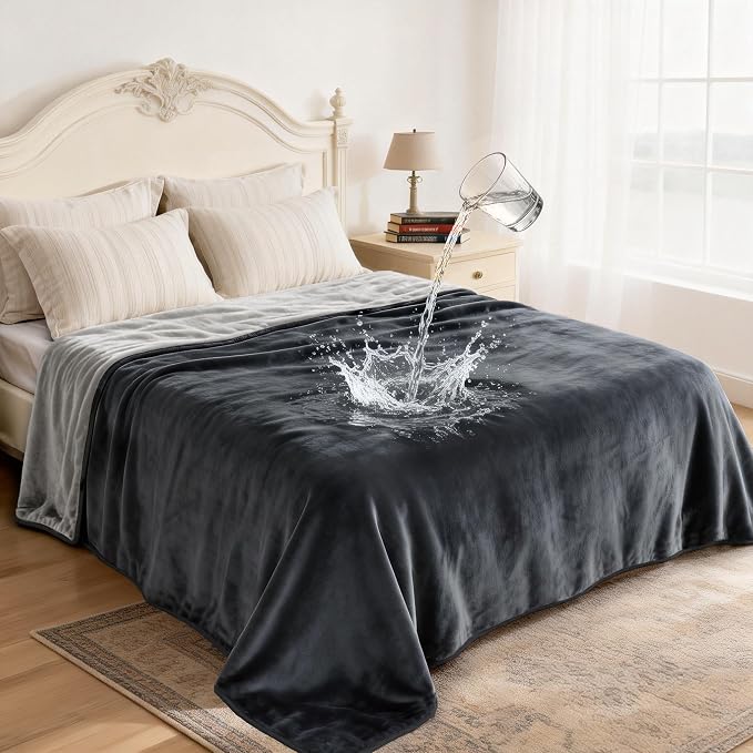 gogobunny Waterproof Flannel Blanket for Bed Couch Sofa, Reversible Double-Sided Throw for Dog Cat, Stain Resistant Furniture Protector Against Liquid Pee and Fur (90" x 90", Dark Grey/Light Grey)