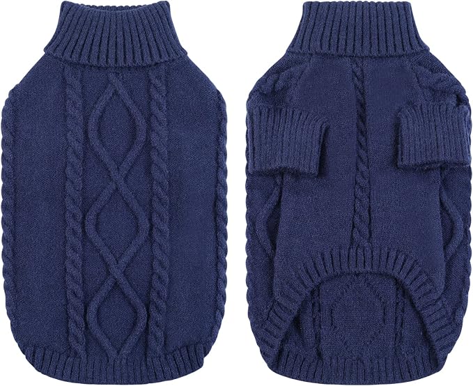 Queenmore Small Dog Pullover Sweater, Cold Weather Cable Knitwear, Classic Turtleneck Thick Warm Clothes for Chihuahua, Bulldog, Dachshund, Pug (Dark Navy, X-Large)