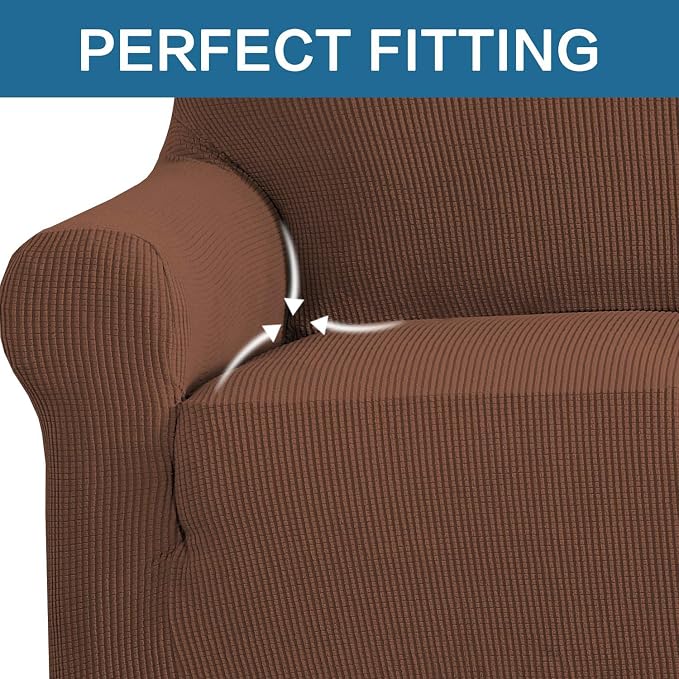 H.VERSAILTEX Stretch Couch Covers for Sofa 1 Piece Slipcovers for Couches and Sofas 3 Seater Couch Cover Feature Thick Checked Jacquard Fabric with Elastic Bottom(Large Sofa 90"-100" Wide, Caramel)