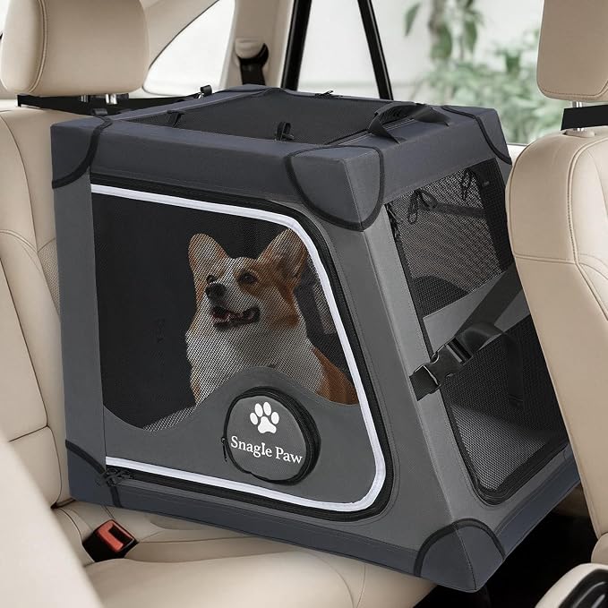 Snagle Paw Portable Dog Crate for Car Travel,Metal Frame Pet Crate,Pet Carrier for Car Back Seat Secures with Headrest Strap and Seatbelt,M,Gray