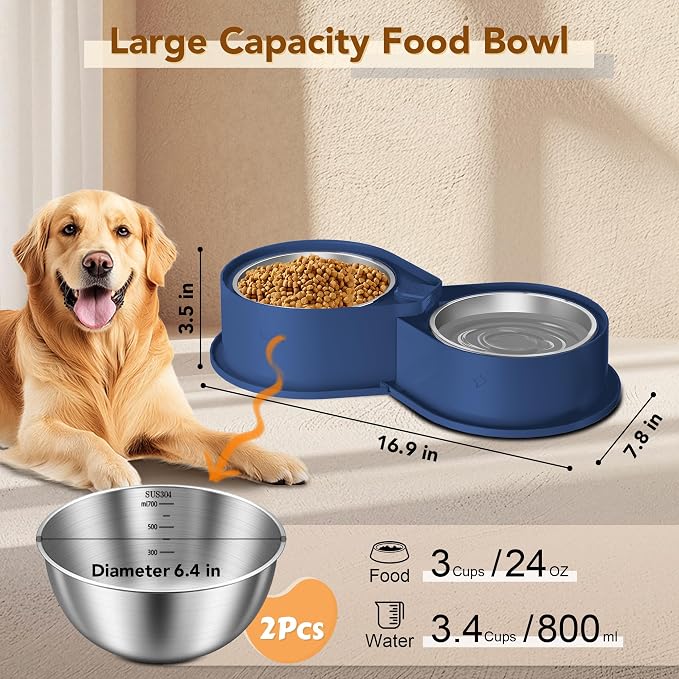 Newget 304 Stainless Steel Dog Bowl Set, 24oz Foldable Pet Dishes, Blue | Dual Food & Water Pet Bowl, Anti-Skid, Keeps Food Fresh, Easy to Install, for Small - Large Dogs/Cats - Indoor & Outdoor Use