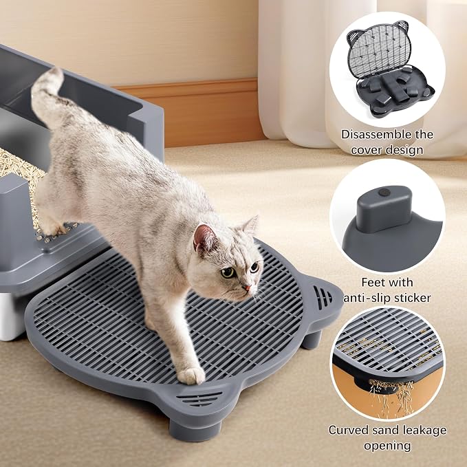 Litter Box Step Adjustable Cat Step with Filter Function,Dark Grey | Elevated Double Layer Litter Box Ramp for Kitten & Old Cats, Easy Cleaning Litter Box Step Stool for Automatic Cat Litter Box