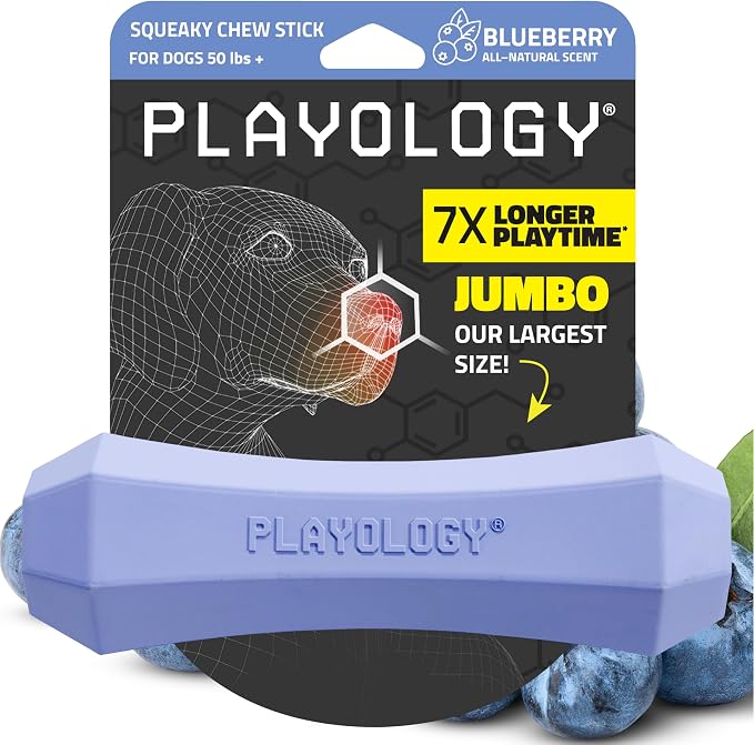 Playology Dog Toys | Squeaky Chew Stick for Large Dogs | Blueberry Scented Jumbo Fetch Toy | Squeaky Dog Chew Toy