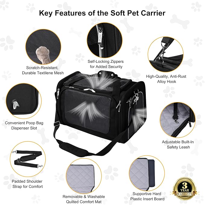 EliteField Deluxe Soft Pet Carrier for Cats and Dogs (3-Year Warranty) | Airline Approved, Waterproof Fabric, Scratch-Resistant Mesh, Expandable Mat, Built-In Leash, Suitcase Sleeve, Seat Belt Loops