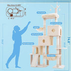 Hey-brother Cat Tree Tower with 3 Condos, Step Climbing Pathway MPJ081M | 74.8 Inches Scratching Post with 3 House, Hammock, Large Basket, Cozy Bed, Sisal Board, Toys for Big Indoor Cats, Beige