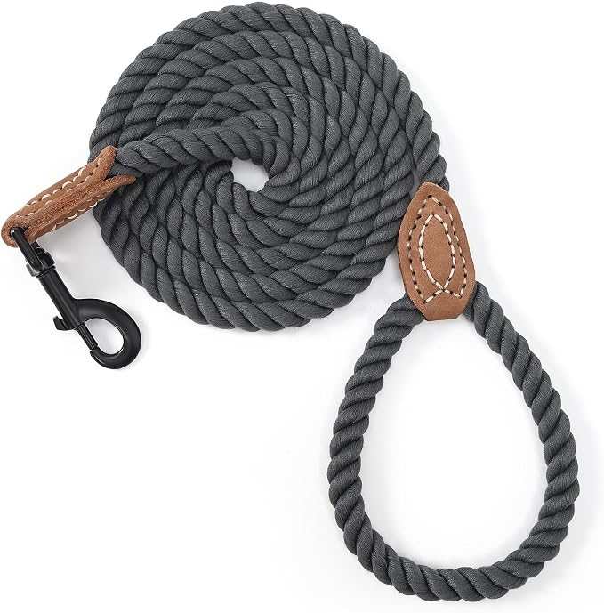 Mile High Life Dog Leash Braided Cotton Rope with Leather-Reinforced Ends | Rust-proof 360° swivel clasp, Heavy-duty for small/medium breeds. Great for weddings, daily walks (6 FT, 1/3", Dark Gray)