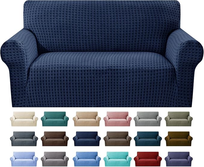 MAXIJIN Stretch Loveseat Couch Cover for 2 Cushion Couch (55"-69" Washable Sofa Slipcovers with Non-Slip Foam & Elastic Strap, Dog Cat Pet Friendly Furniture Protector (Medium, Navy Blue)