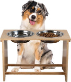 Elevated Dog Bowls - 15-Inch Tall Bamboo Raised Dog Bowl Stand with Nonslip Feet - Comes with Two 60oz Removable Dishwasher Safe Stainless Steel Pet Bowls - Puppy Essentials by PETMAKER