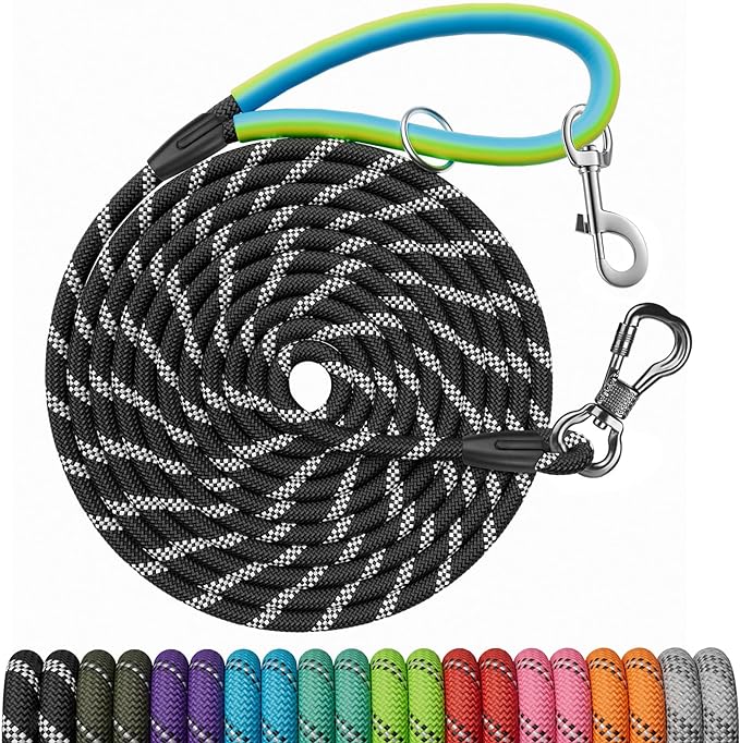 Long Dog Leash for Dog Training 10FT/15FT/20FT/30FT/40FT/50FT/100FT Reflective Leash with 2 Hooks, Heavy Duty Dog Lead for Large Medium Small Dogs Outside Walking Camping Yard, Black 15FT