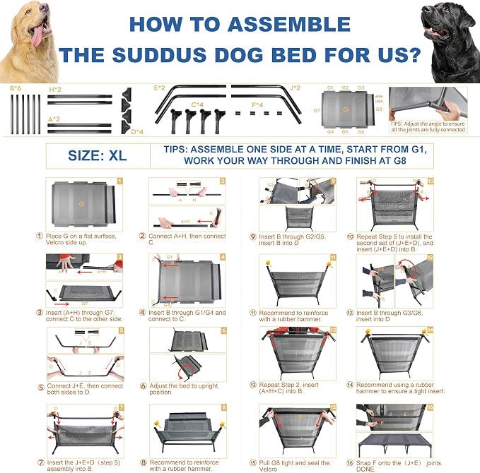 suddus Elevated Dog Bed for Large Dogs 120lb, Breathable Cooling Raised Dog Cot with Dual Support Bars & Metal Frame, No-Slip Feet, Waterproof Pet Bed for Indoor/Outdoor, X-Large, 48 * 36 * 9in, Grey