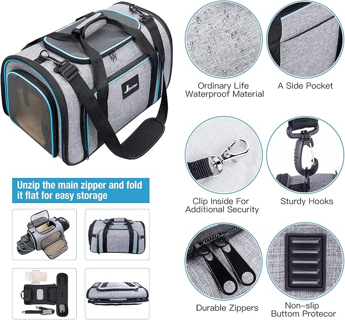 Siivton Pet Carrier Airline Approved, 4 Sides Expandable Cat Carrier Bag with Removable Fleece Pad, Large Soft Sided Pet Travel Carrier, Dog Carrier for Cats, Puppy and Small Dogs