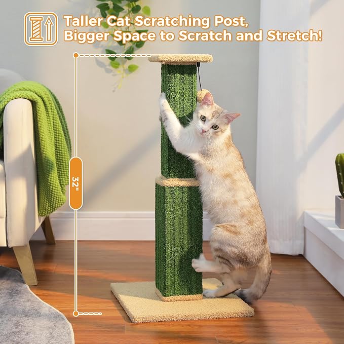 PAWZ Road 32" Large Cat Scratching Post, Vertical Carpet Cat Scratcher | Green Heavy Duty Cat Post with 16x16”Large Base Covered Strong Carpet Scratcher and Cat Toy Ball for Adult and Indoor Cats