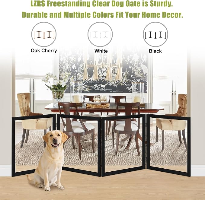 LZRS Extra-Wide Clear Dog Gate for Indoor Use - Transparent Pet Fence with Solid Hardwood and Plastic Board, Stylish & Durable freestanding Pet Gate for Doorways, Stairs and Hallways-4 Panel Black