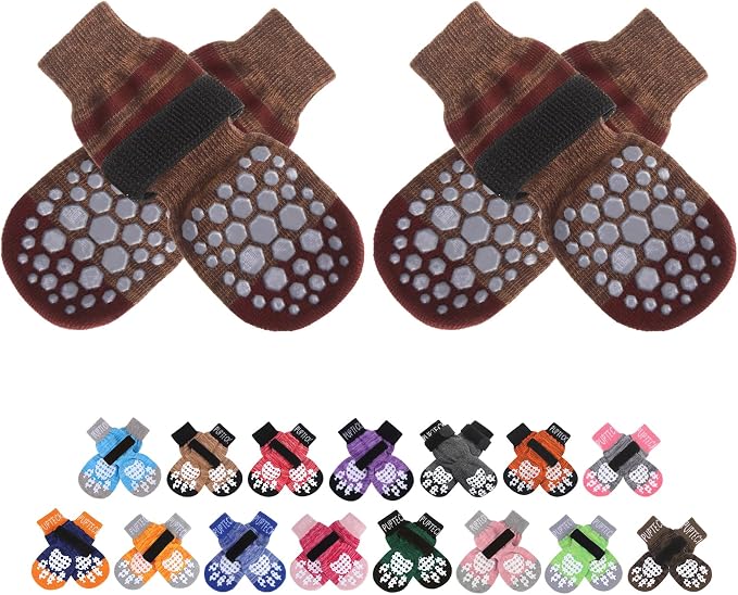 PUPTECK Anti-Slip Dog Socks with Double Sides for Small Medium Large Dogs Hardwood Floors Prevents Licking, Dog Shoes for Hot Pavement Traction Control Paw Protector for Senior Dogs, Striped Brown S