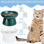 Tioncy 2 Pcs Ceramic Elevated Slow Feeder Cat Bowl, Raised Cat Slow Feeder Bowl, Anti Vomiting for Dry and Wet Food, No Spill High Edge Easy Clean Dishwasher Safe (Dark Green,White)