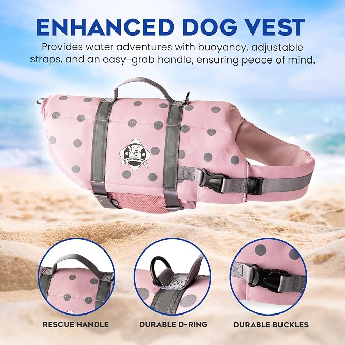 Dog Life Jacket — Premium Swim Vest with SafeChin Anti-Choke Collar | PAWS Aboard Pink | RapidLift Rescue Handle, D-Ring, Reflective Trim | Boating, Kayaking, Pool | XX-Small (Under 6 lbs)